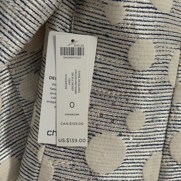 Chico’s Shine Jacquard Jacket Metallic Polka Dot Navy Cream Blazer Size 0 (4/6) - Picture 6 of 9